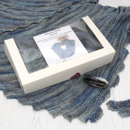 Waterlap Shawl knit kit with 4ply Silk Seacell yarn in shade Down To Earth